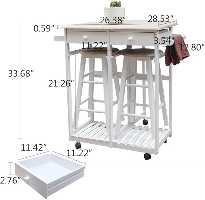 FCH Drop Leaf Dining Table with Chair Sets for Small Kitchen 3 PCS Wooden Kitchen Trolley Cart with Wheels 2 Round Bar Stools and 2 Drawers for 2 Person