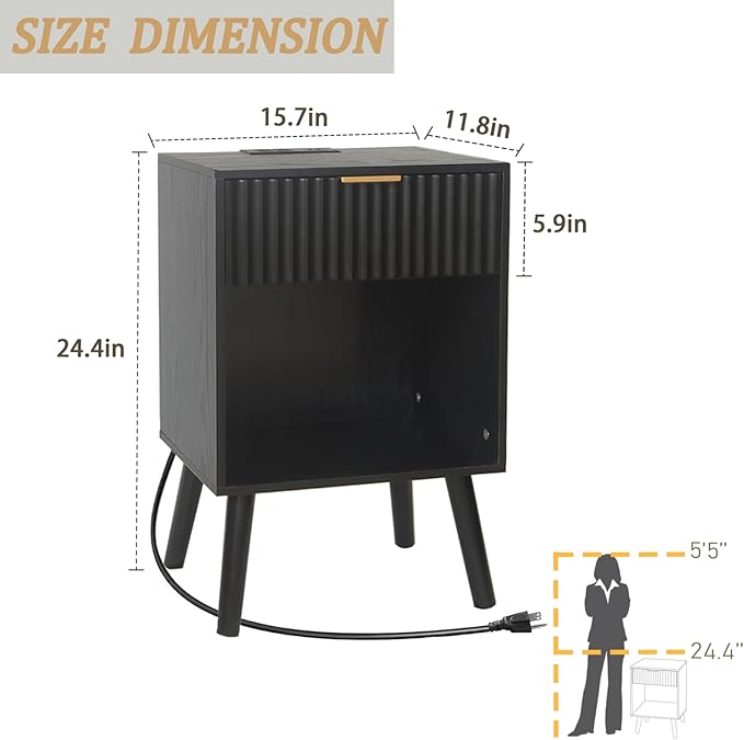 Fultyle Fluted Black Nightstand with Charging Station, Mid Century Modern Bedside Table with Drawers and Outlet, Side Tables Living Room, Wooden Night Stand for Bedroom, Office (Black)