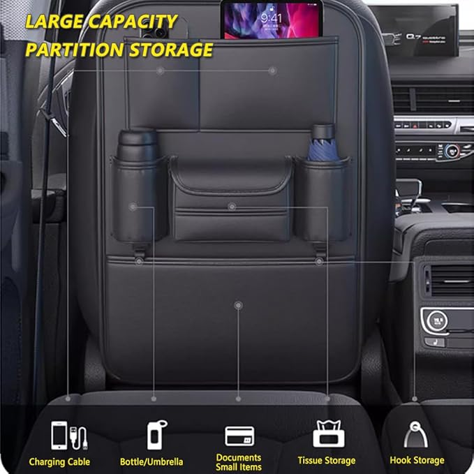 Tumecos Car Backseat Storage Bag,Seat Back Organizer with Tissue Box,Multifunctional Kick Mat,Backseat Protector Cover Pad,Large Capacity Seat Back Storage Hanging Bag(Style A)