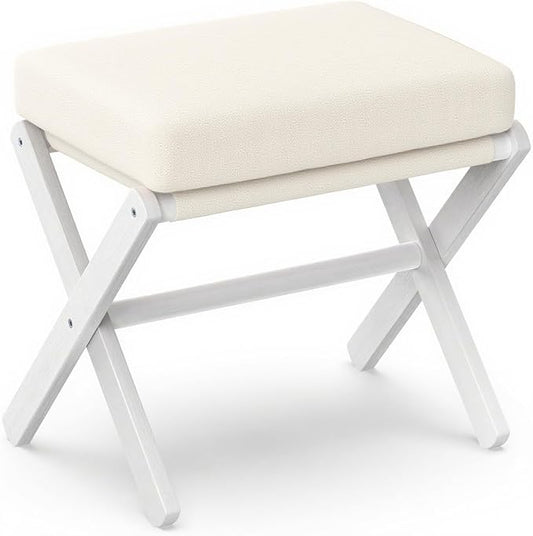 BAMBOOHOMIE Foldable Foot Stool Ottoman, Modern Foot Rest with Bamboo X Legs & Thick Foam Cushion, Folding Foot Stools Small Padded for Bedroom Living Room, Footstool for Chair Couch (White - White)