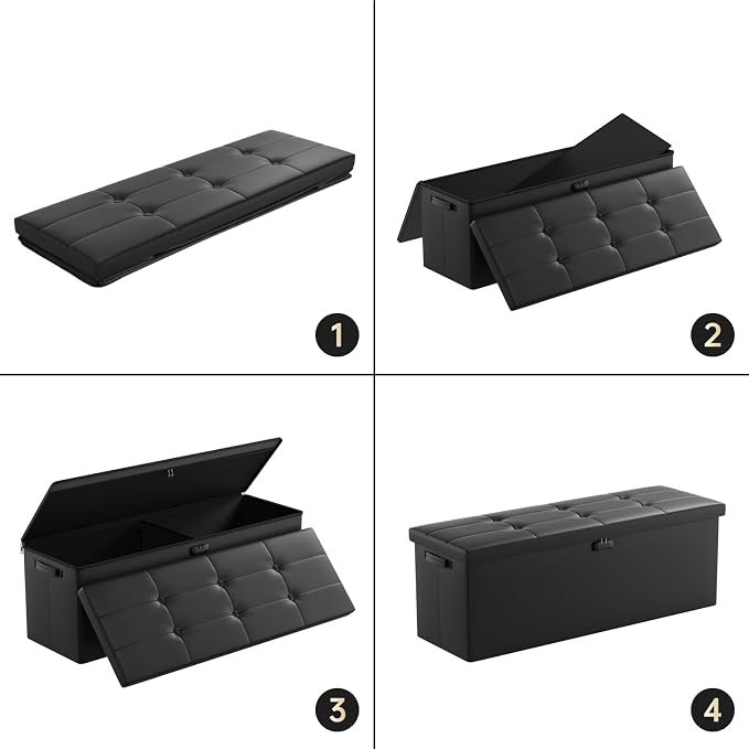 DocSafe Storage Ottoman Bench,Fireproof＆Waterproof Folding Bench with Lock(15”x 43”x15”),Leather Storage Chest with Handles＆2 Extra Boxes,Ottoman Safe for Bedroom,Living Room,Home Office,Black