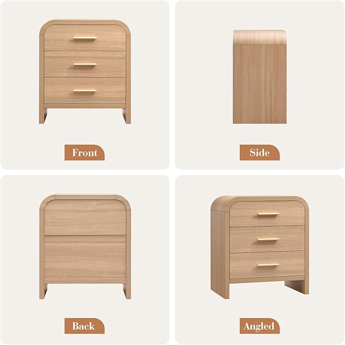 Night Stand Set of 2 [Unique Curved Profile] [FSC-Certified Wooden Board] 3-Drawer Nightstand 27" H Metal Handle Modern Sturdy Bedside Table