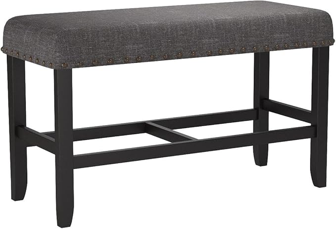 Roundhill Furniture Biony Fabric Counter Height Dining Bench with Nailhead Trim, Grey