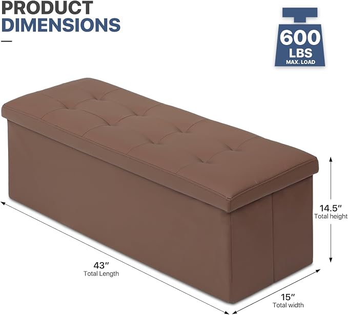 MoNiBloom 43 Inch Storage Ottoman Bench, 34 Gal. Folding Ottoman Footrest, End of Bed Bench, Rectangle Foot Stool, Supports 600 lbs, for Bedroom, Living Room, Entryway, Hallway, Brown