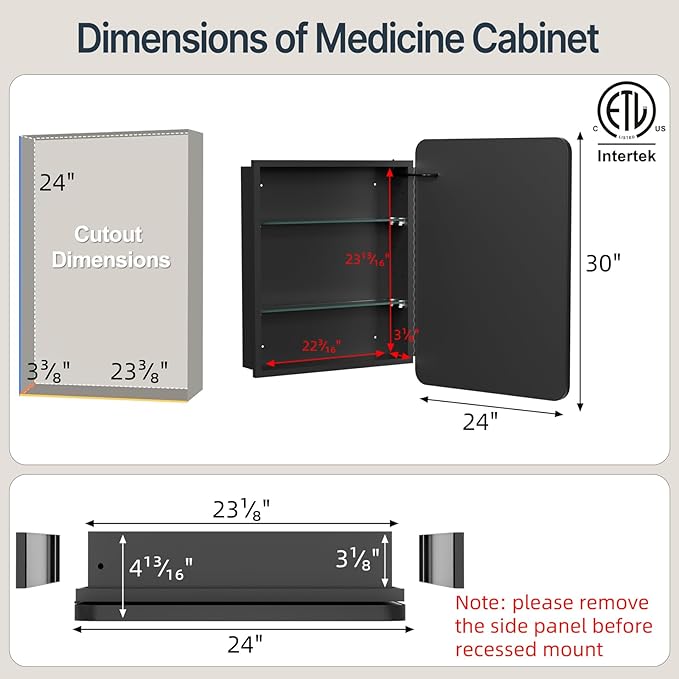 24x30 Inch Medicine Cabinet with Mirror, Recessed or Surface Mount Bathroom Medicine Cabinet with LED Lights, Anti-Fog, Memory Function, Adjustable Shelf, Dimmable Light, ETL Listed, Black,Right Hinge
