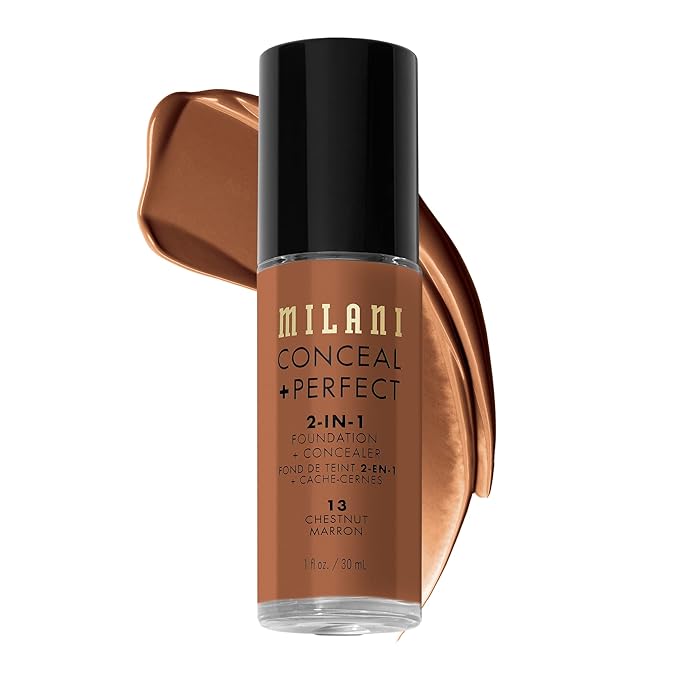 Milani Conceal + Perfect 2-in-1ファンデーション + コンシーラー 完璧な肌へ - 目の下のクマ補正、赤みや欠点をカバー、ウォータープルーフ＆汗に強い - 13-チェストナッツ