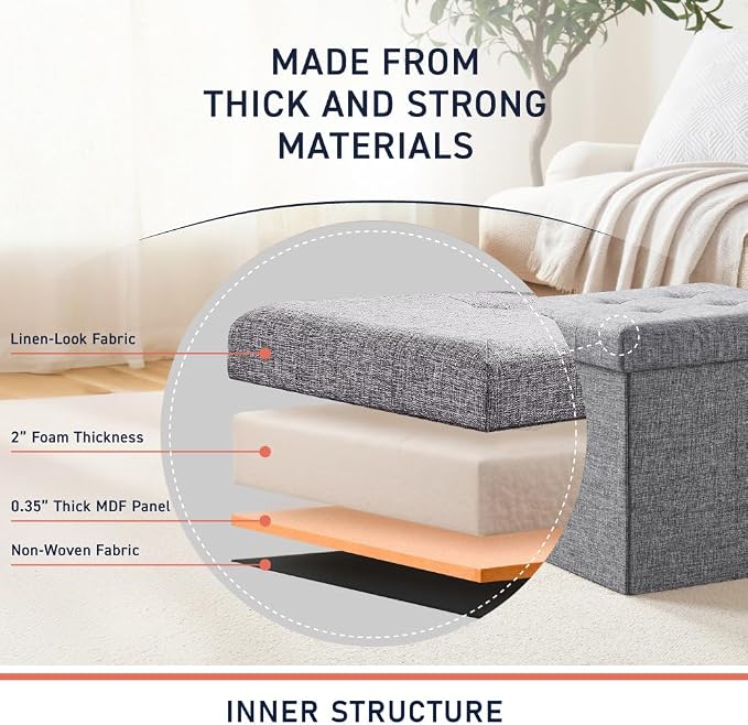 Ornavo Home Folding Storage Ottoman, 15 Inch Storage Cube with Lid, Foot Rest Stool for Bedroom, Living Room, Entryway, Tufted Linen Upholstered - Gray