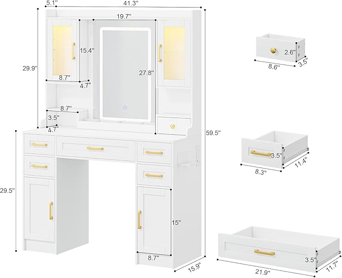 KAMABOKO Vanity Desk with Mirror and LED Lights & Power Outlet, Large Makeup Vanity Table with 5 Drawers and 4 Storage Cabinets, White Dressing Table for Bedroom