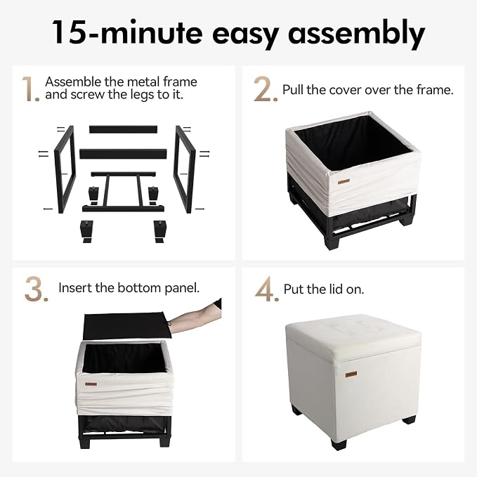 ABHENG Velvet Cover Steel Frame Ottoman with 48L Storage,17.7" x 17.7" x 17.7" Square Linen Storage Ottoman Stool Cube with Legs,for Dorm Livingroom White UASND64W