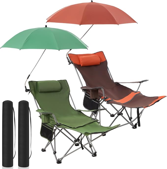 Yuntau 2 Set Reclining Beach Chairs with UPF 50+ Umbrellas Shade, Upgraded Heavy Duty Portable Folding Lounge Camping Chair with Canopy Removable Footrest & Headrest for Outdoor Patio(Orange,Green)