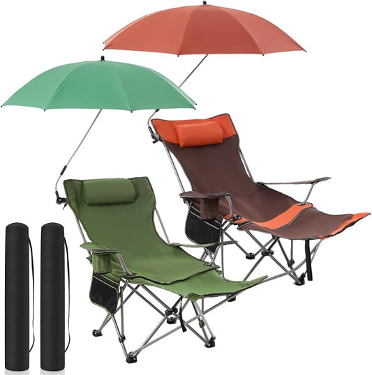 Yuntau 2 Set Reclining Beach Chairs with UPF 50+ Umbrellas Shade, Upgraded Heavy Duty Portable Folding Lounge Camping Chair with Canopy Removable Footrest & Headrest for Outdoor Patio(Orange,Green)