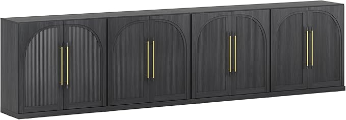 BELLEZE Set of 2 65" Sideboard Cabinet with Double-Arc Wood Doors, Large Buffet Cabinet with Storage and Adjustable Shelves, Classic Modern Console Table for Dining Room Living Room Entryway (Ebony)