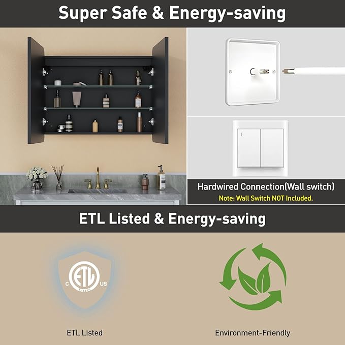 36 x 30 Inch Recessed Medicine Cabinet Mirror with Lights, Wall Mounted LED Bathroom Mirror Cabinet, Dimmable, Anti-Fog, Memory Function, 3 Color Modes, Adjustable Shelf, ETL Certified, Black