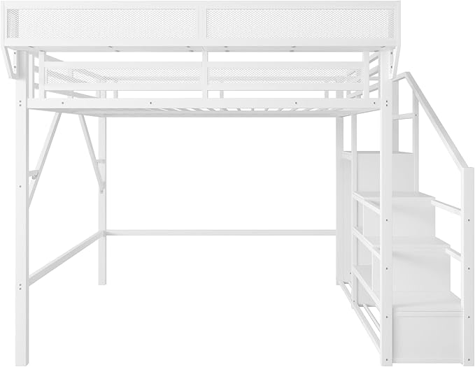 KEIKI Queen Size Metal Loft Bed Frame with Convertible Staircase, Built-in Storage Shelves and Wardrobe, Loft Bed with Solid Slats, Guardrail, No Box Spring Required, Easy Assembly, for Bedroom, White