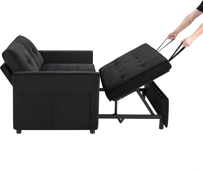 Sofa Bed, Pull Out Couch with Side Pockets, 3 in 1 Velvet Fabric Loveseat Sleeper Sofa Bed, Pull Out Couch with Adjustable Backrest for Living Room, Bedroom, Apartment, Black, 53 Inch