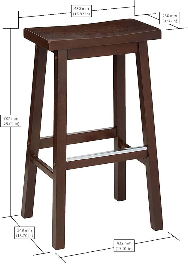 Amazon Basics Solid Wood Saddle-Seat Counter Height Bar Stools for Kitchen Island and Home Bar with Footrest, 29-Inch Height, Walnut, Set of 2