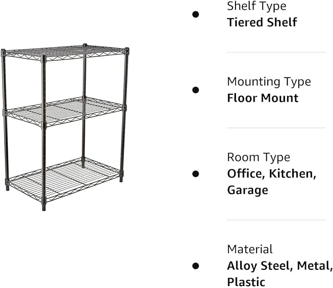 Amazon Basics 3-Shelf Adjustable Heavy Duty Steel Wire Rack Storage Shelving Organizer with Storage Space, Versatility and Ease of Use for Kitchen, Garage, 23.2" L x 13.4" W x 30" H, Black