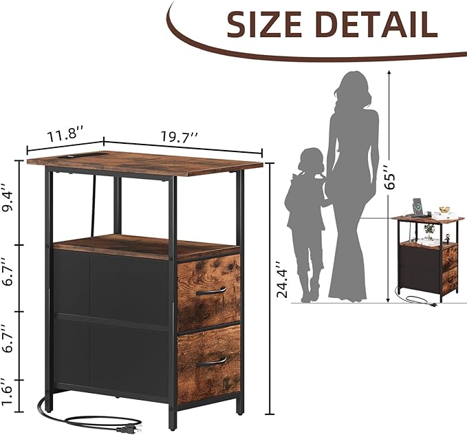 Somdot End Table with Charging Station, Narrow Side Table with 2 Fabric Drawers, Skinny Nightstand with Storage, Small Slim Bedside Table for Living Room, Sofa, Bedroom, Couch, Wood Grain Print