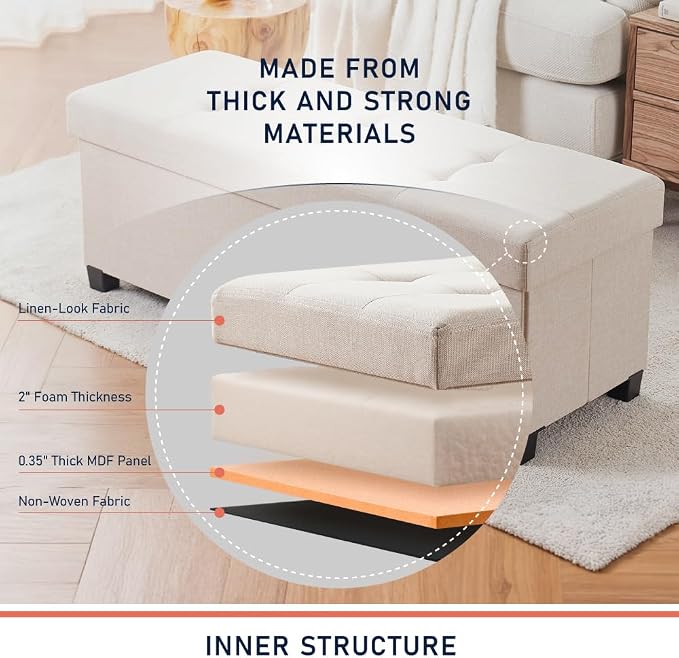 Ornavo Home 43 Inch Storage Ottoman, Large Storage Bench, Ottoman with Storage with Legs, Foot Rest Stool, Bedroom Bench - Beige