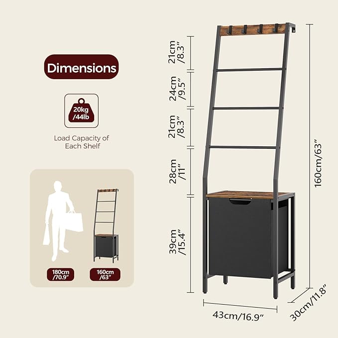 MAHANCRIS Blanket Ladder, 4-Tier Towel Rack with Pull-Out Laundry Basket & Removable Hooks, Ladder Shelf Stand, Wall-Leaning Blanket Rack for Living Room, Bedroom, Rustic Brown and Black TRHR4401