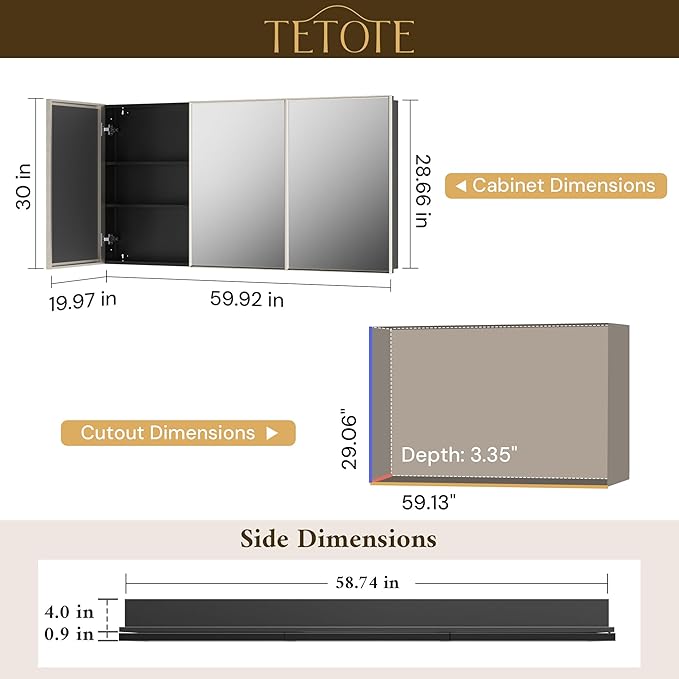 TETOTE Large Bathroom Medicine Cabinet 60" x 30", Brushed Nickel Bathroom Mirror with Storage Shelves, Beveled Framed, DTC Hinge, Surface Mount or in Wall
