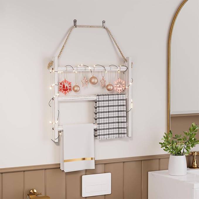XLHOMO White Blanket Ladder Wall-Mounted, 3 Tier Wooden Rustic Mini Ladder Shelf for Living Room & Bathroom, Holder Display Hanger, Wall Hanging Blanket Rack with Rope for Home Christmas Decor