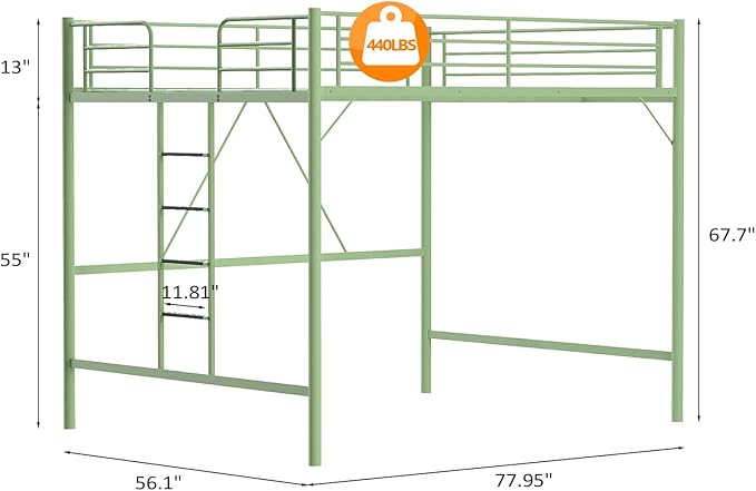 VINGLI Full Loft Bed with Flat Rungs for Adults, Kids and Young Teens, No Box Spring Required,Heavy Duty Metal Slat Support, Green