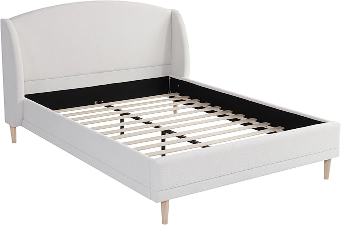 Christopher Knight Home Hazel Queen Size Bed Frame, Upholstered Platform Bed, Soft Boucle Wingback Headboard, Wood Bed Support and Slats, Curved-Shaped Headboard Queen Bed for Adult, 44.50" H White