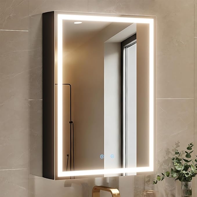 Spliceable Modular LED Lighted Bathroom Medicine Cabinet Mirror with Anti-Fog Aluminum Frame, Adjustable Lighting, Built-in Sockets & USB Ports – Wall Mounted (Right Hinge, 28" L x 20" W)