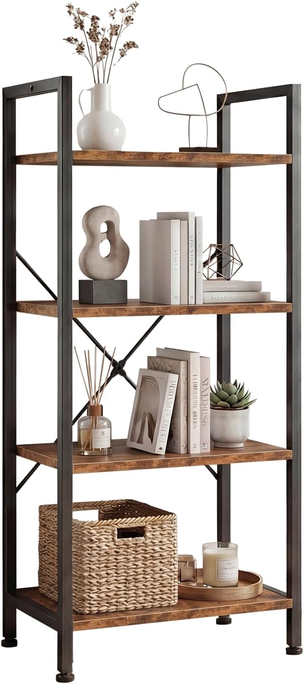 DUMOS 4-Tier Bookshelf, Modern Tall Bookcase, Open Storage Display Shelf for Living Room, Bedroom, Home Office, Narrow Standing Shelving Unit for Books, CDs, Décor，Brown