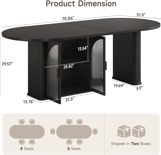 ONBRILL 70 Inch Oval Dining Table for 6-8, Modern Dining Room Table with 2-Tier Storage Space, Wood Kitchen Table with LED Light, Dinner Table with Heavy Duty Legs, Black