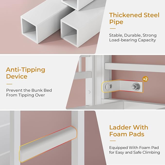ADORNEVE Full Over Twin Bunk Bed with 8 Storage Drawers, Metal Loft Bed with Led Lights & Storage Shelves, Bunk Beds Twin over Full Size with 13.4" H Safety Guardrail & Ladder, for Kids & Teens, White