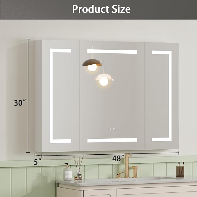 DEYGIA LED Medicine Cabinet with Mirror for Bathroom, Assembly-Free Lighted Medicine Cabinet, Defog, Stepless Dimming, 3 Colors, 2 Outlets, 2USB, Aluminum Wall Mounted Mirrored Cabinets, 48”Wx30“H