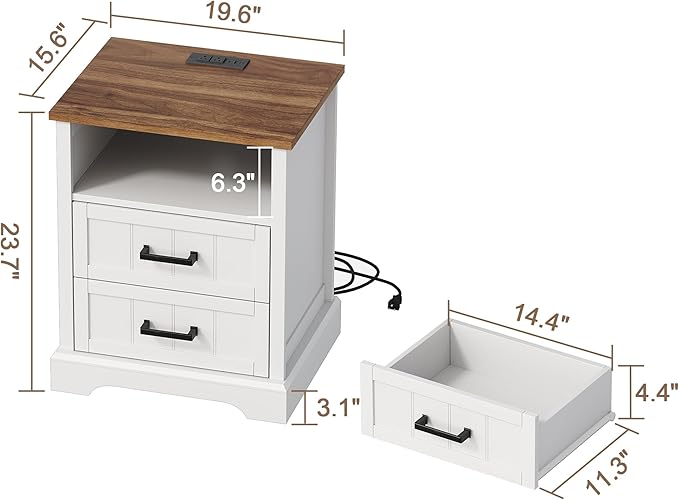 ChooChoo Farmhouse Night Stands with Charging Station, Wood Nightstand Set of 2 with 2 Drawers, Bedside Table with Open Storage Shelf for Bedroom, White