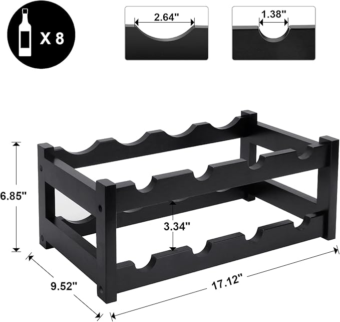 Bamboo Wine Rack, 2-Tier 8 Bottles Wine Storage Cabinet Shelf, Easy-Assembly Freestanding Bamboo Wine Racks Countertop for Kitchen Pantry Dining Room Bar, Black