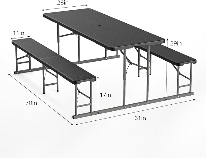 VINGLI Folding Picnic Table and Bench Set with Umbrella, Portable Outdoor Dining Furniture for Camping, Patio, Backyard, Wood Grain Plastic Top with Metal Frame with Dark Blue Umbrella