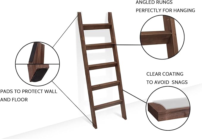 FUIN 5ft (58") Wood Blanket Ladder Living Room Decorative Wall Leaning Farmhouse Quilt Display Holder Storage Rustic Wooden Towel Rack for Bathroom, Brown