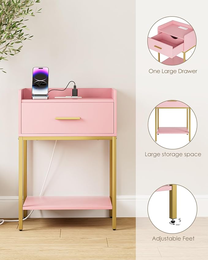 Nightstand with Charging Station, Modern Bedside Table with Drawer and Legs,Pink and Gold Night Stand with Open Shelf, Narrow Side Table for Bedroom, Living Room