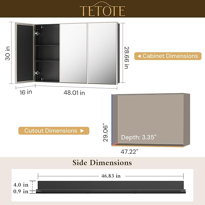 TETOTE Medicine Cabinet 48"x 30", Brushed Nickel Bathroom Medicine Cabinet with Mirror, Stepless Adjustable Shelves, Beveled Framed, Surface Wall-Mounted or Recessed