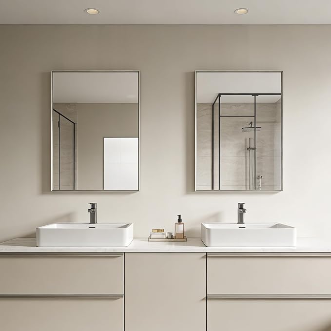 Bathroom Mirror for Wall, 20x30 Inch Metal Framed Mirror, Brushed Nickel Rectangle Mirror, Bathroom Vanity Mirror Farmhouse, Tempered Glass, Anti-Rust, Hangs Horizontally or Vertically