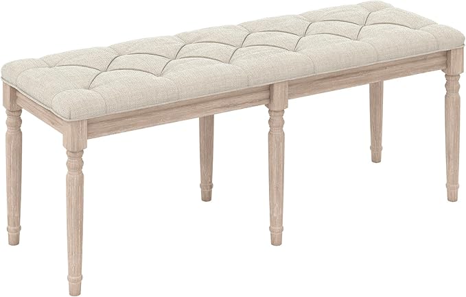 Giantex 47.5-inches Upholstered Dining Bench, Button-Tufted Table Bench with Carved Rubber Wood Legs, Padded Seat, Load 440Lbs, Vintage End of Bed Ottoman for Entryway, Living Room, Bedroom (1,Beige)