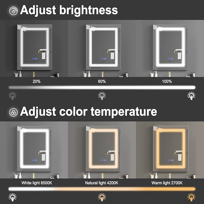 26 x 20 Inch Led Medicine Cabinet Outlet, Lighted Medicine Cabinets for Bathroom with Mirror, Recessed or Surface Wall Mounted, Defogger, Dimmer, Glass Door Cabinet with Single Door