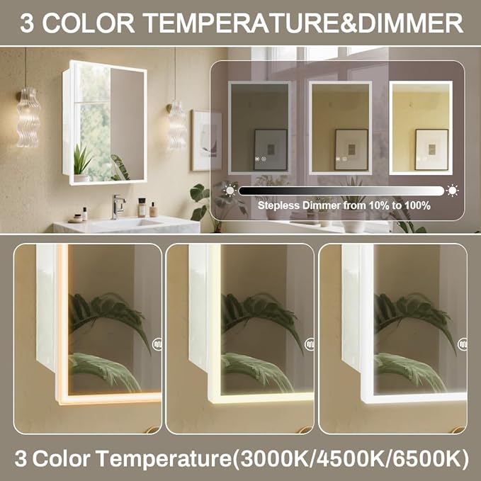 LED White Medicine Cabinet with Light,16×24inch,Recess Mirror Cabinet for Bathroom,3 Color,Dimmable,Demister,Detachable Side Plate,Recess Mount or Surface Mount