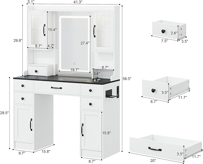 KAMABOKO Vanity Desk with LED Lights Mirror & Power Outlet, Makeup Vanity Table Set with 3 Lights Modes, Dressing Table for Women and Girls Bedroom (Modern Black, 5 Drawers with RGB Cabinet)