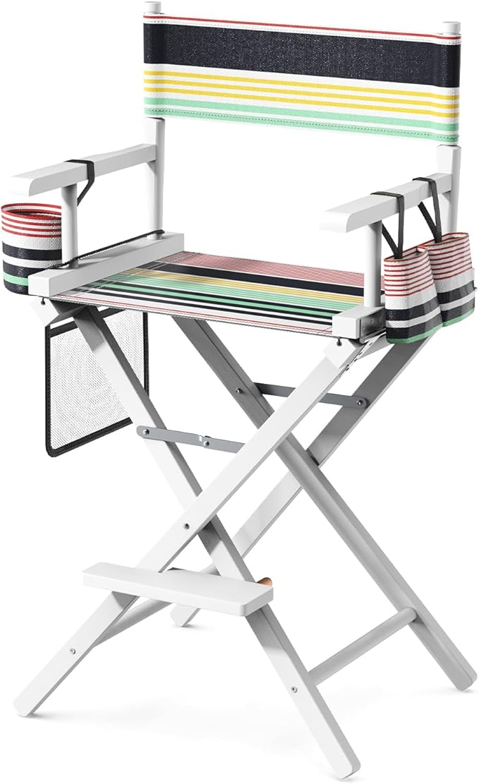 OmySalon 26" H Tall Directors Chair, Wooden Portable Folding Makeup Chair w/Storage Pouch & Footrest, Professional for Salon/Events/Mobile Services, 250lb Capacity, Striped Canvas & White Frame