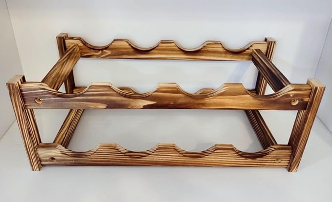 8 Bottle Wooden Wine Rack, 2 Tier Countertop Wine Storage Rack, Carbonized Pine Wood Freestanding Wine Organizer Holder for Kitchen Counter, Bar, Cabinet, Dining Room