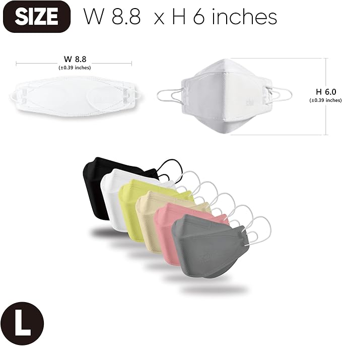 BOTN 10Pcs Large Adult Four colors, KF94 Protective Safety Face Mask, Adjustable Strap, Made in Korea(Pi,Be,Gr,Ye)