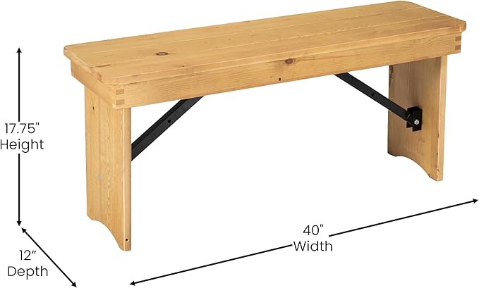 Flash Furniture HERCULES 40" x 12" Folding Farm Bench, Solid Pine Entryway Bench in Light Natural