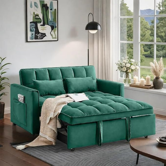 Convertible Sofa Bed, Pull Out Couch with Side Pockets, 3 in 1 Velvet Fabric Loveseat Sleeper Sofa Bed, Pull Out Couch with Adjustable Backrest for Living Room, Bedroom, Apartment, Green