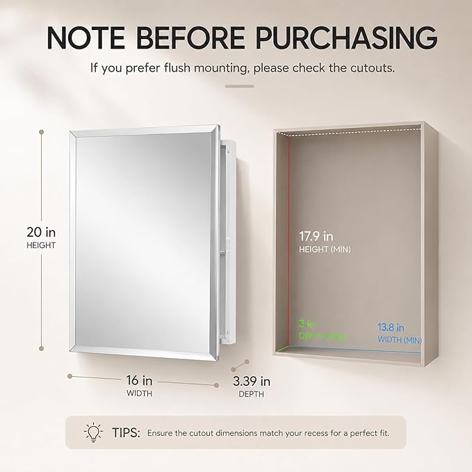 Plastic Bathroom Medicine Cabinet Mirror 16x20 inch, Recessed Medicine Cabinet or Surface Wall Mount Bathroom Cabinets with Adjustable Shelves, Beveled Edge Mirror Cabinet